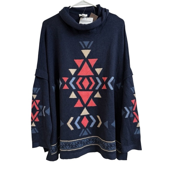 J Jill Women Size M Blue Aztec Knit Funnel Neck Sweater Poncho Boho Southwestern - Picture 2 of 10